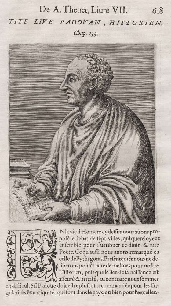 Gravura îl înfățișează pe istoricul roman Livius (59 î.Hr. – 17 d.Hr.). El este cel mai bine amintit pentru lucrarea sa „Istoria Romei”, în 142 de volume, din care doar 35 de volume au supraviețuit. Gravura îl înfățișează pe istoricul roman Livius (59 î.Hr. – 17 d.Hr.). El este cel mai bine amintit pentru lucrarea sa „Istoria Romei”, în 142 de volume, din care doar 35 de volume au supraviețuit.